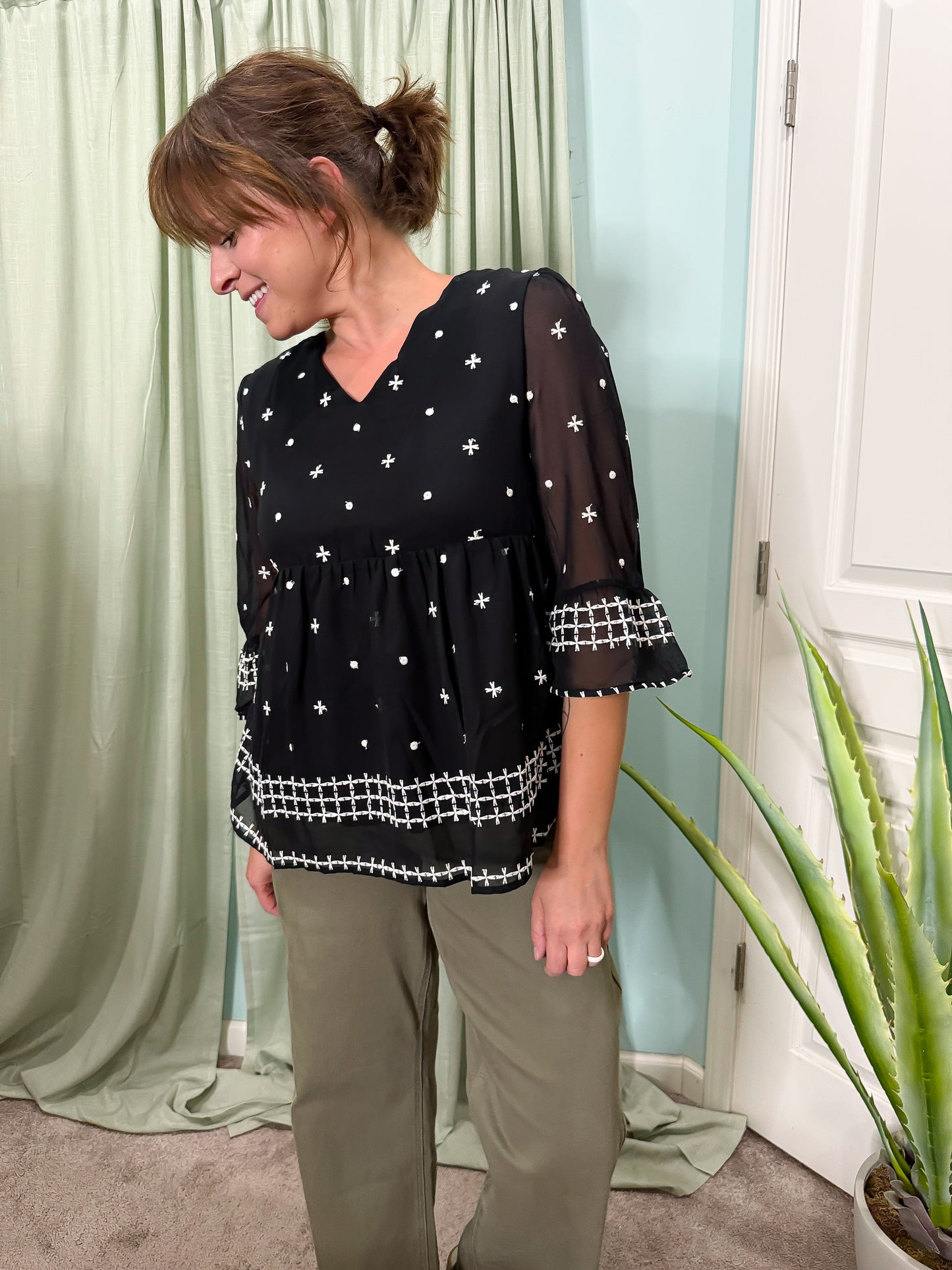 Naples Embroidered 3/4 Sleeve V neck Blouse