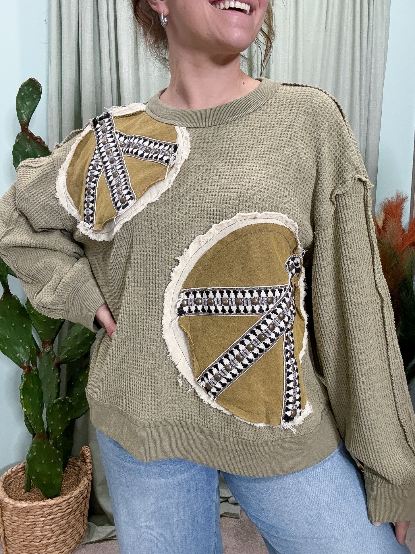 Peace Out Oversized Patchwork Long Sleeve Thermal Top