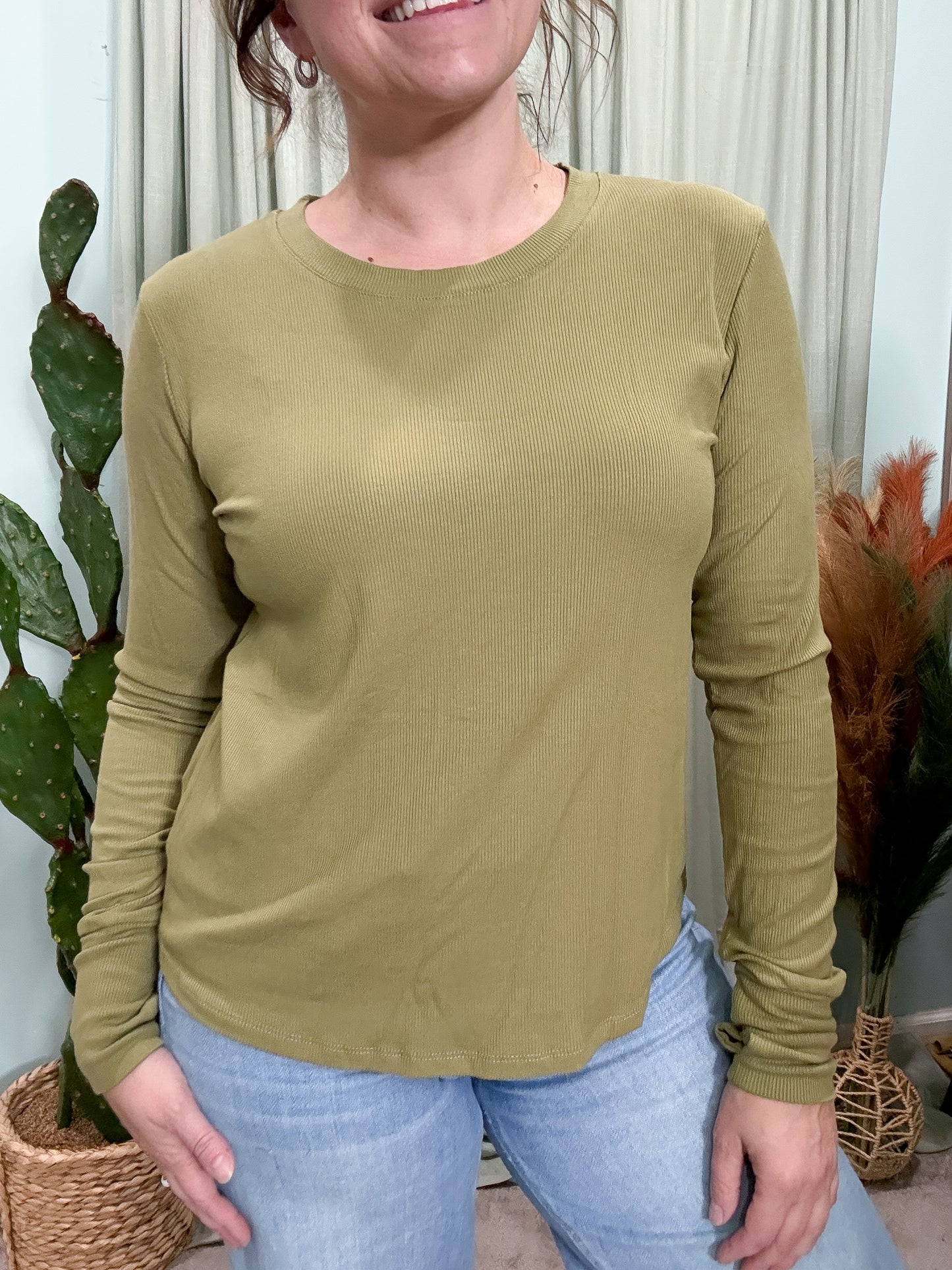 Essentials Long Sleeve Ribbed Top in Chartreuse