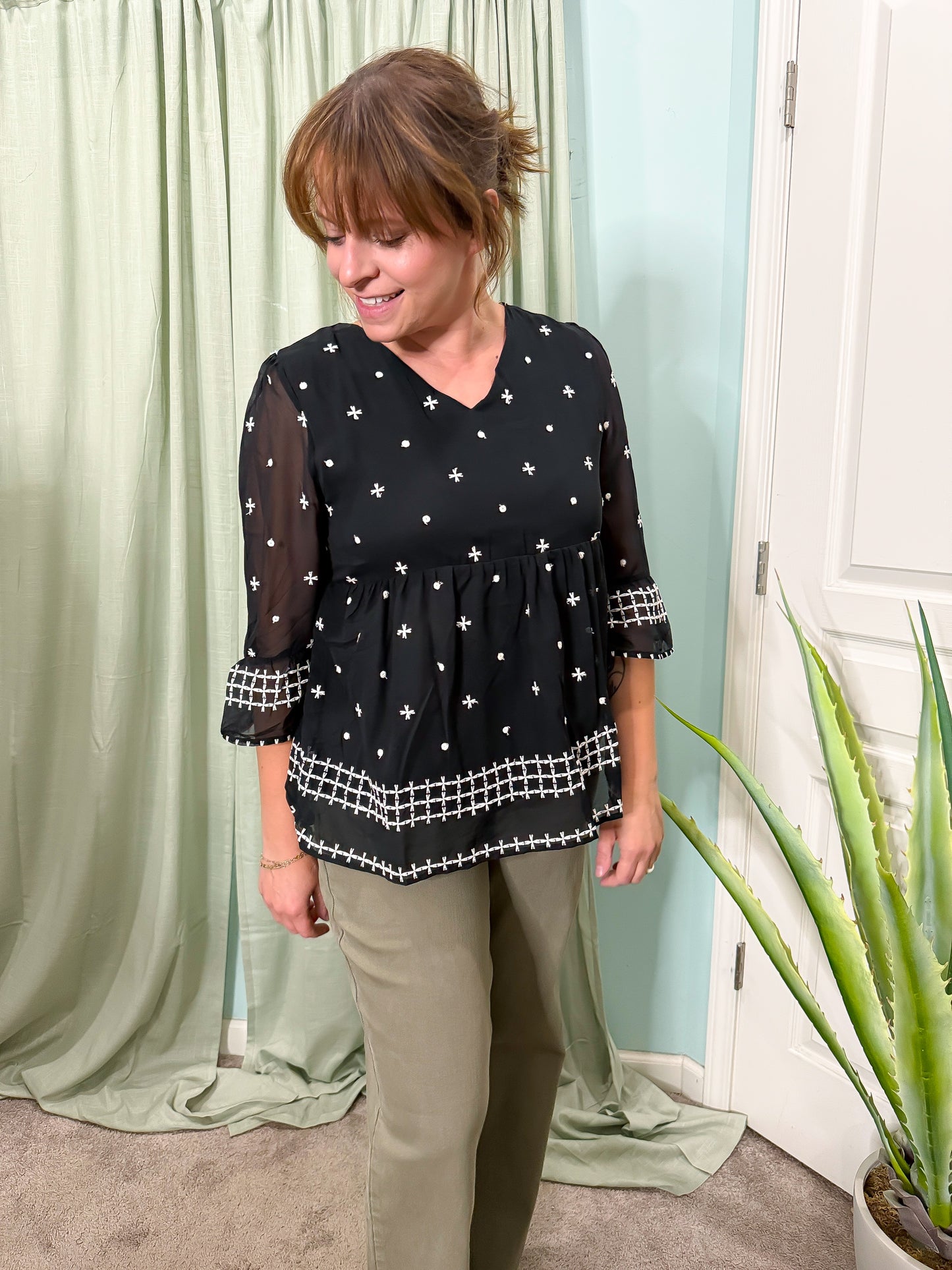 Naples Embroidered 3/4 Sleeve V neck Blouse