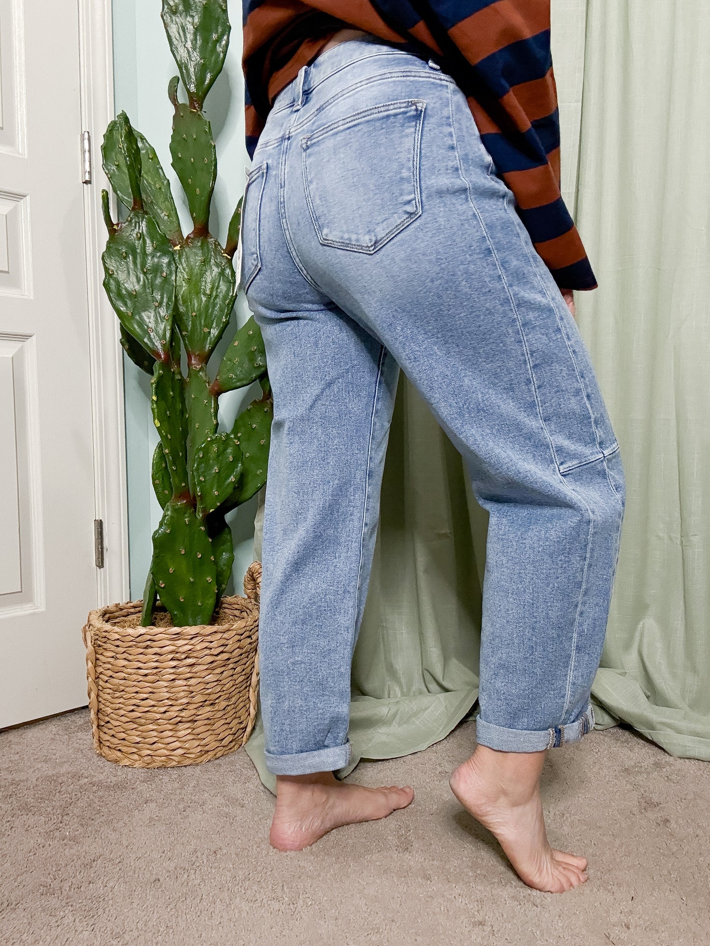 RISEN Denim Mid Rise Light Wash Barrel Jeans