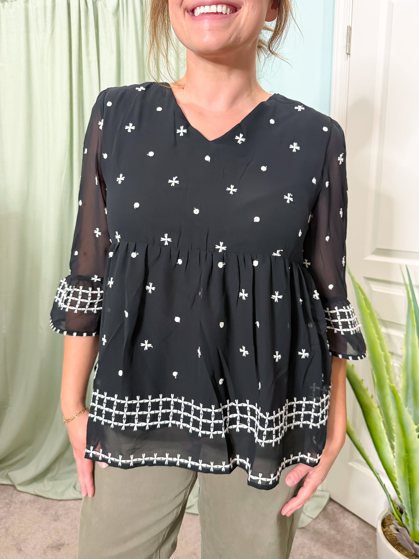 Naples Embroidered 3/4 Sleeve V neck Blouse