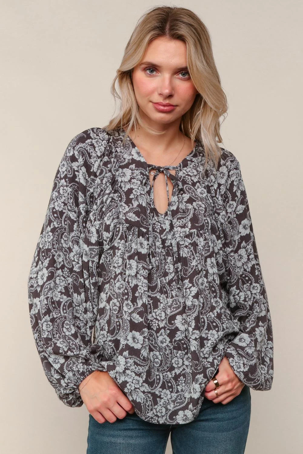 Night Flower V Neck Peasant Blouse with Front Tie