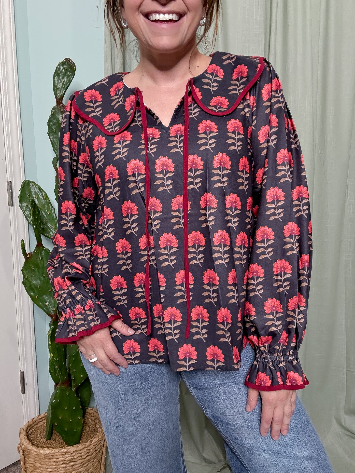 Retro Blooms Tie Collar Long Sleeve Blouse