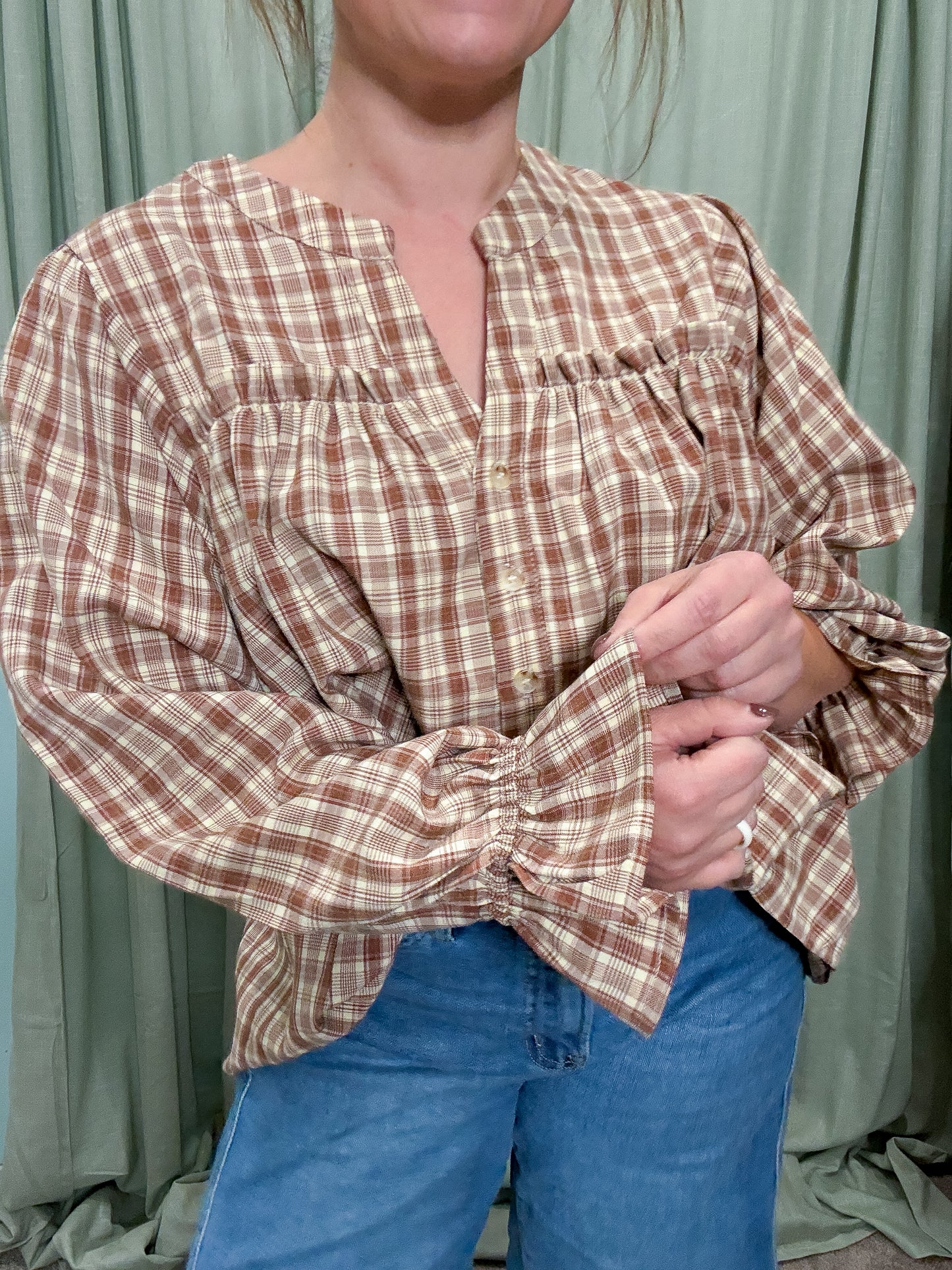 Gather Notched Neck Plaid Check Woven Blouse