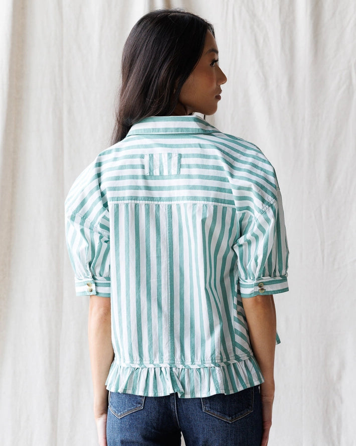 Hamptons 100% Cotton Teal + White Stripe Short Sleeve Button Up Blouse