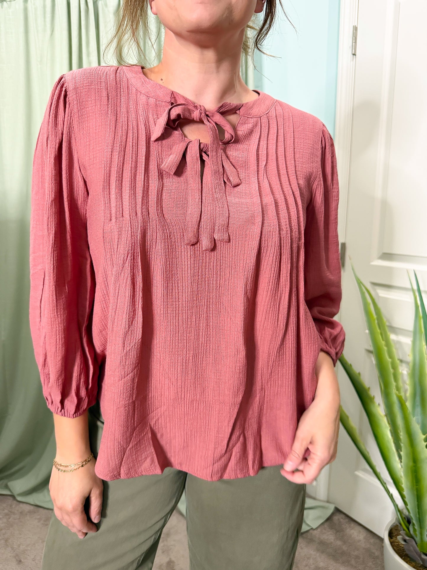 Chicago Front Tier Pleated Blouse with 3/4 Sleeves