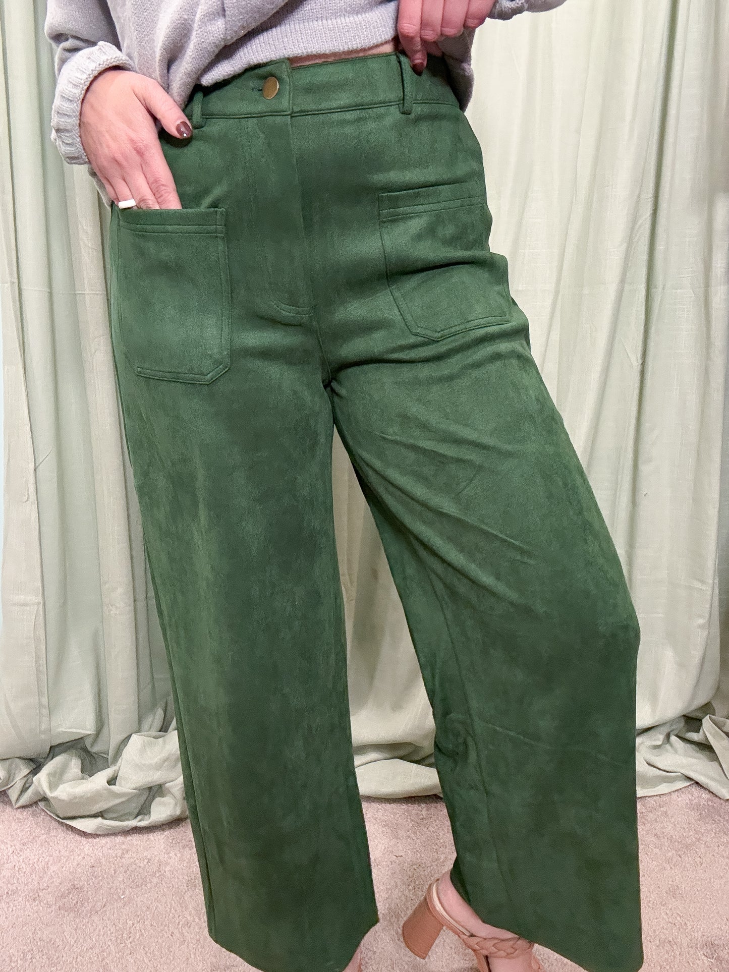 Tenenbaum Green Suede Wide Leg Ankle Pants