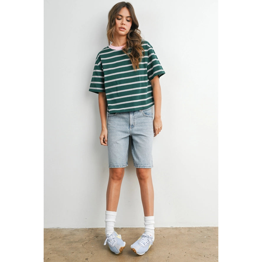 Prep School 100% Cotton Stripe Contrast Ribbed Tee