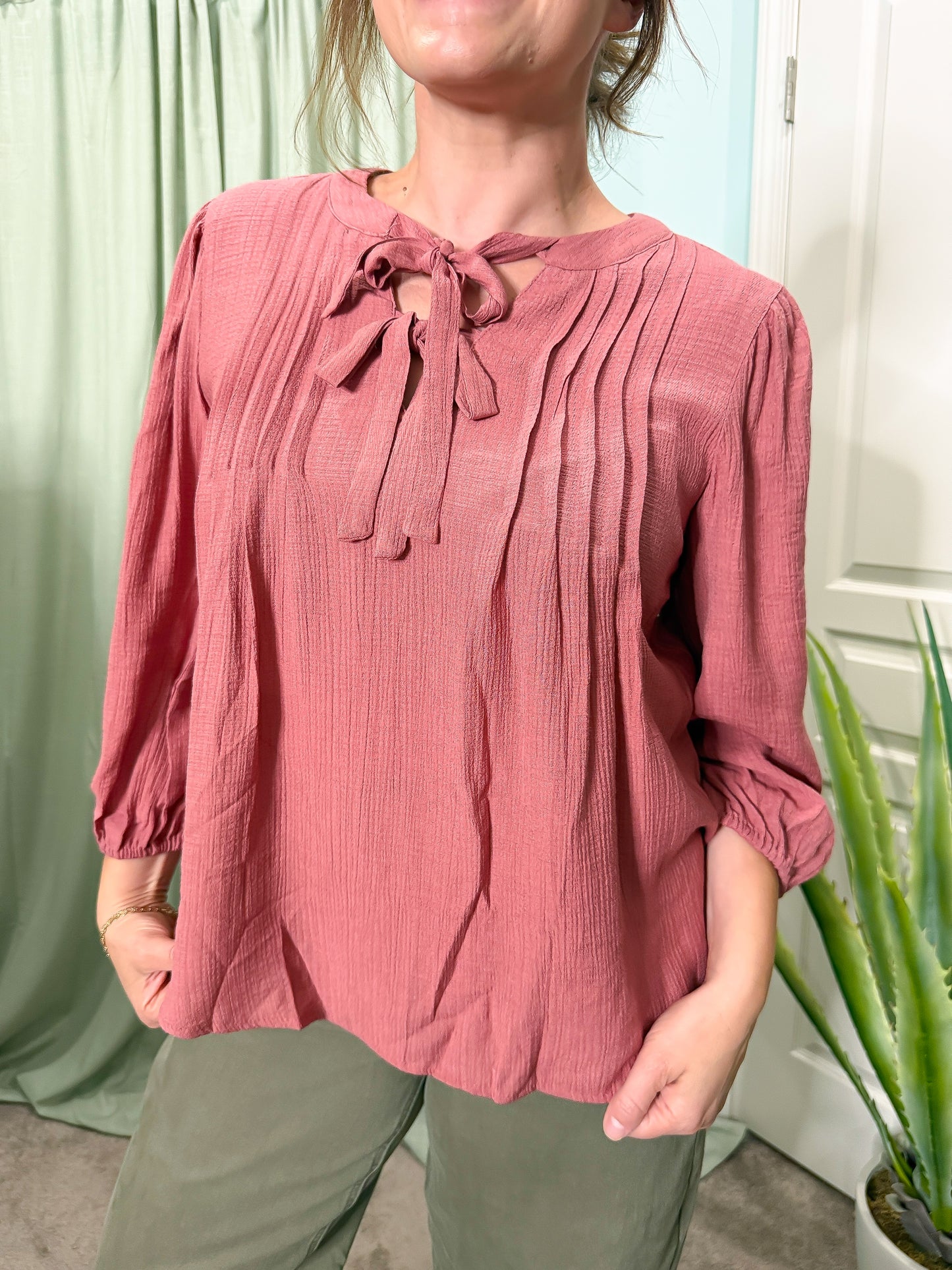 Chicago Front Tier Pleated Blouse with 3/4 Sleeves