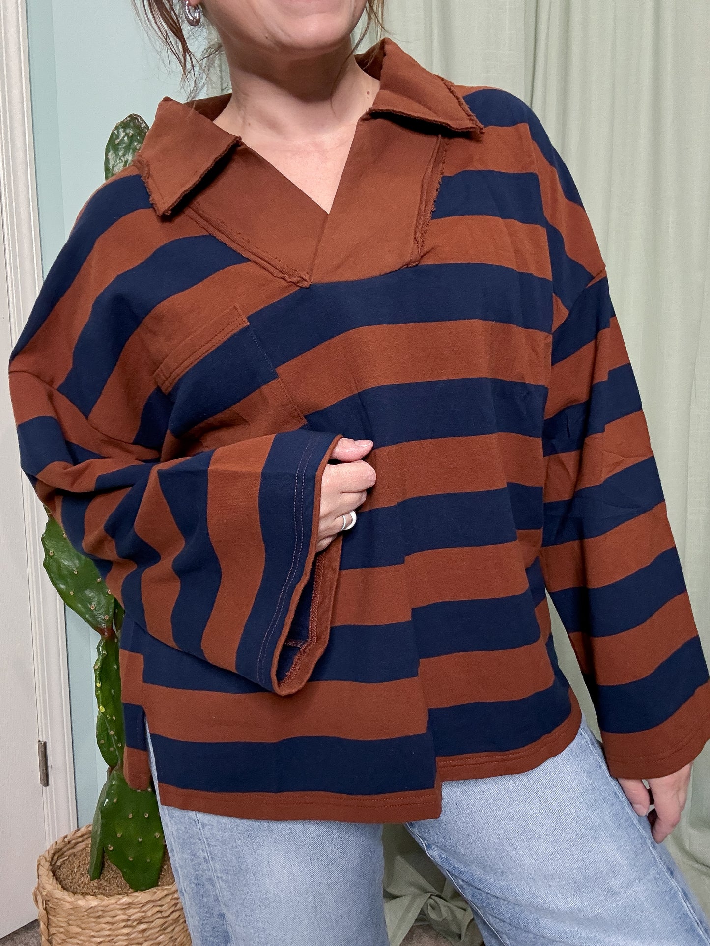 Varsity Blues Stripe Oversized Pullover Sweatshirt