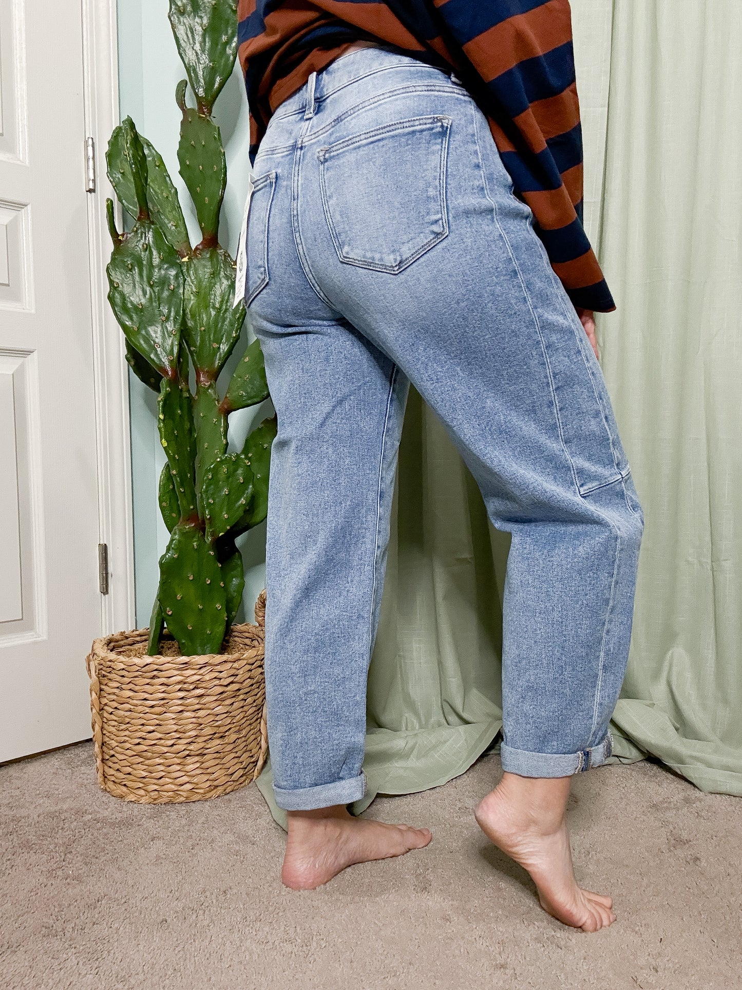 RISEN Denim Mid Rise Light Wash Barrel Jeans