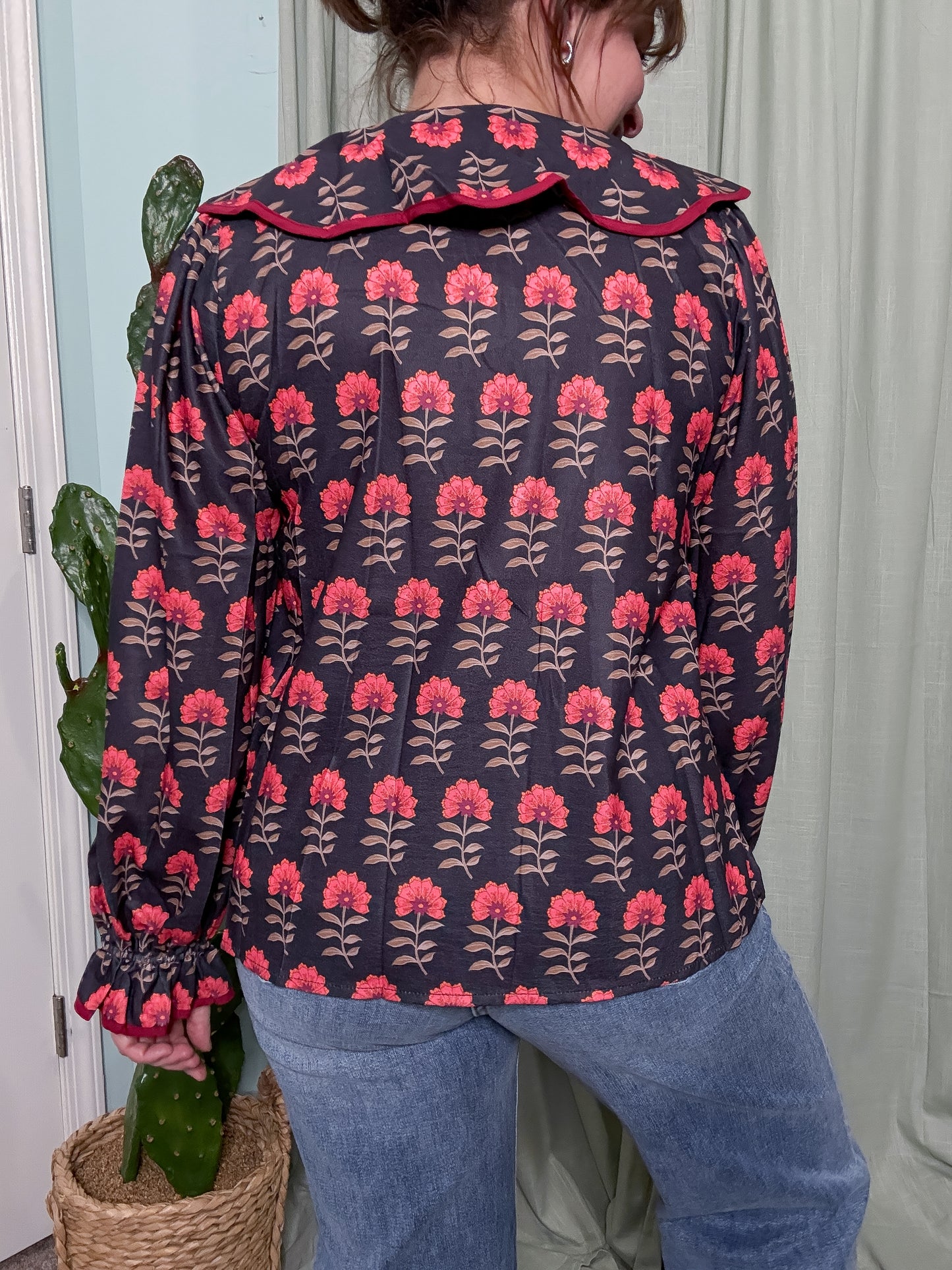 Retro Blooms Tie Collar Long Sleeve Blouse