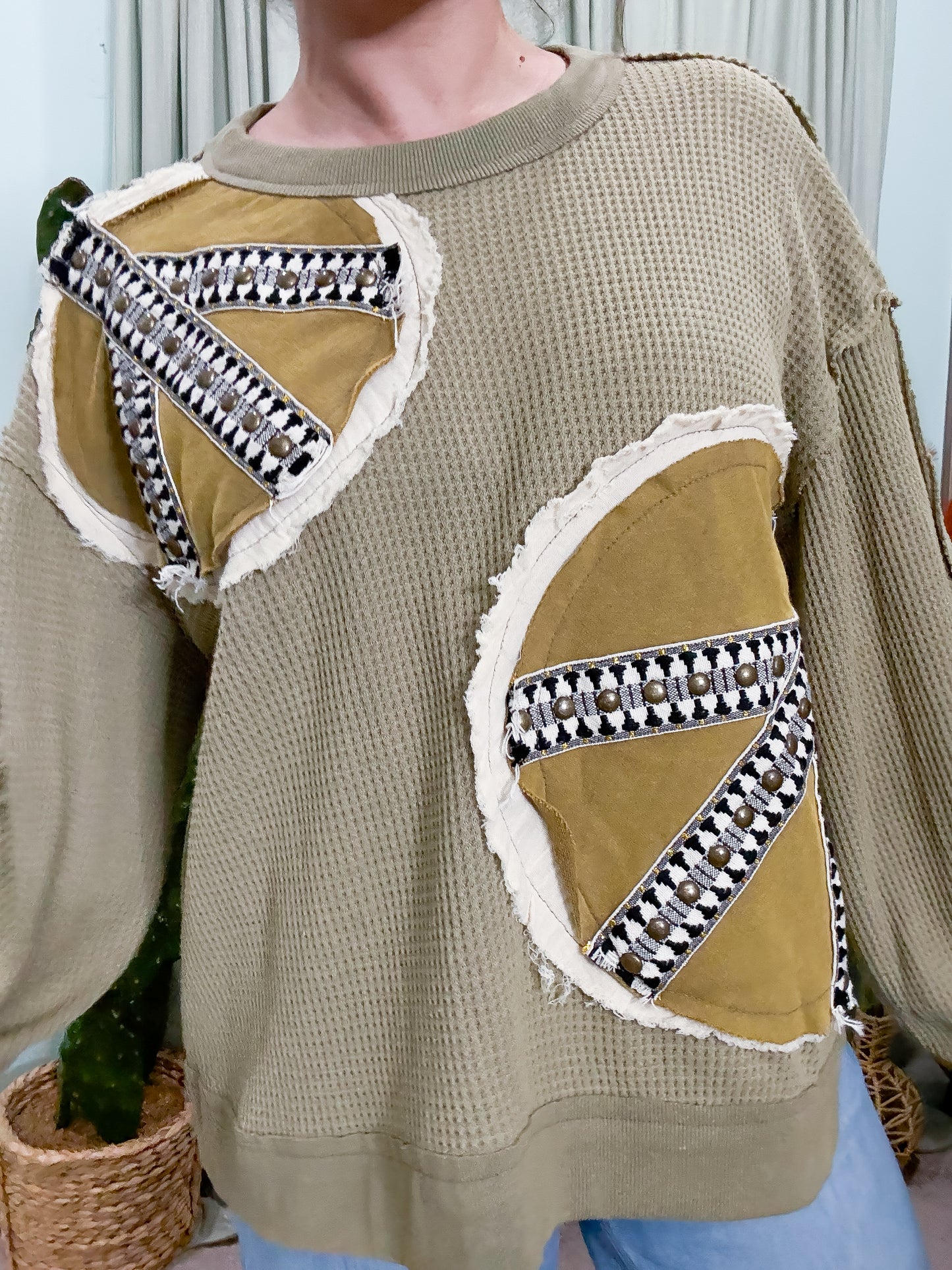 Peace Out Oversized Patchwork Long Sleeve Thermal Top