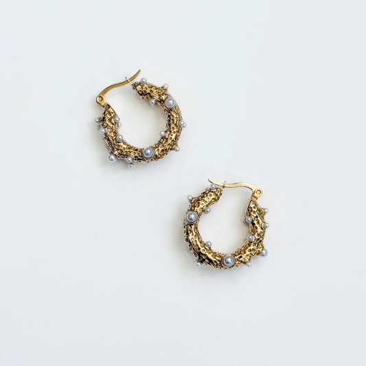 TEXTURED PEARL HUGGIE HOOPS - WATERPROOF