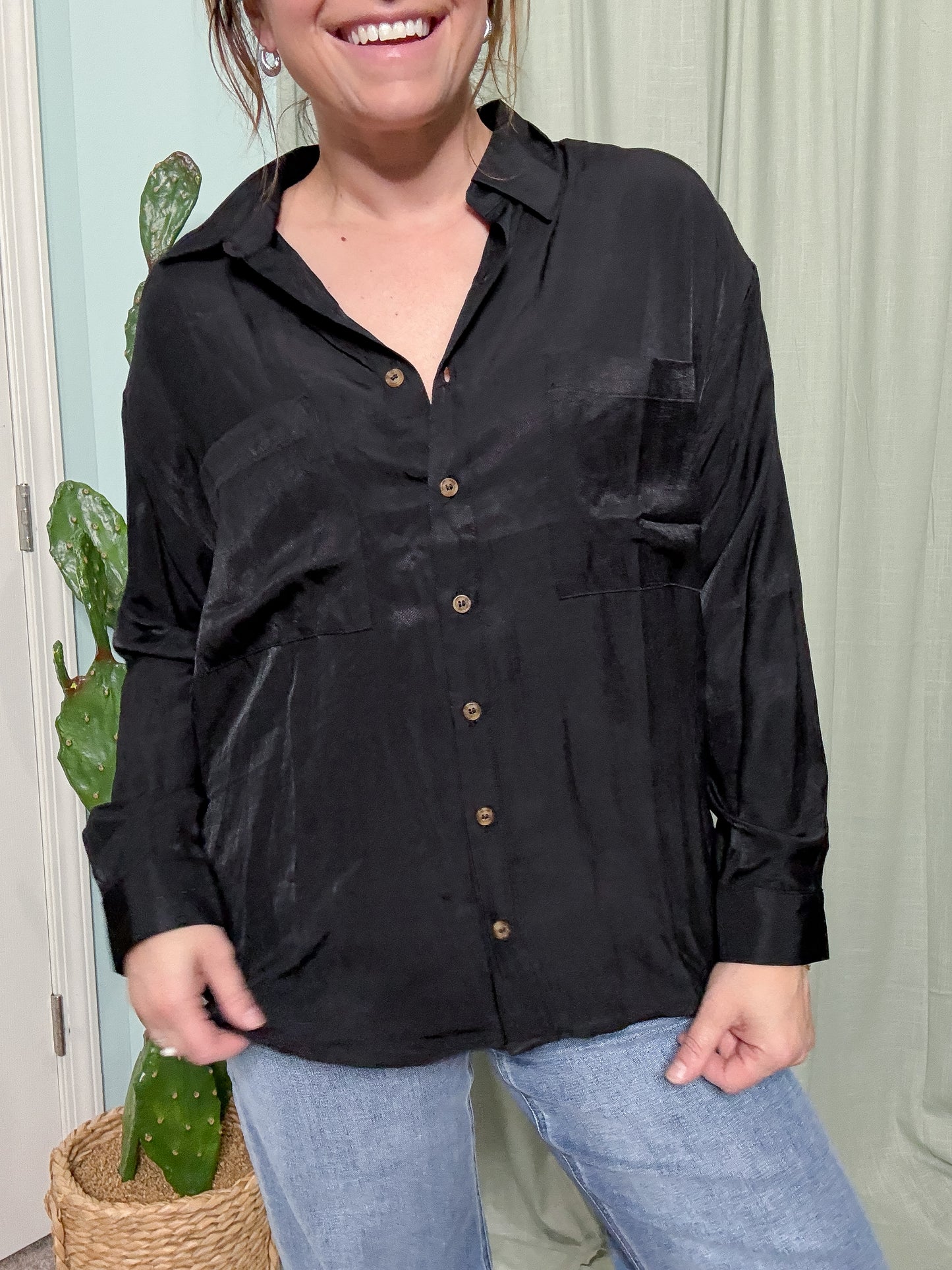 Midnights Oversized Button Down Long Sleeve Blouse