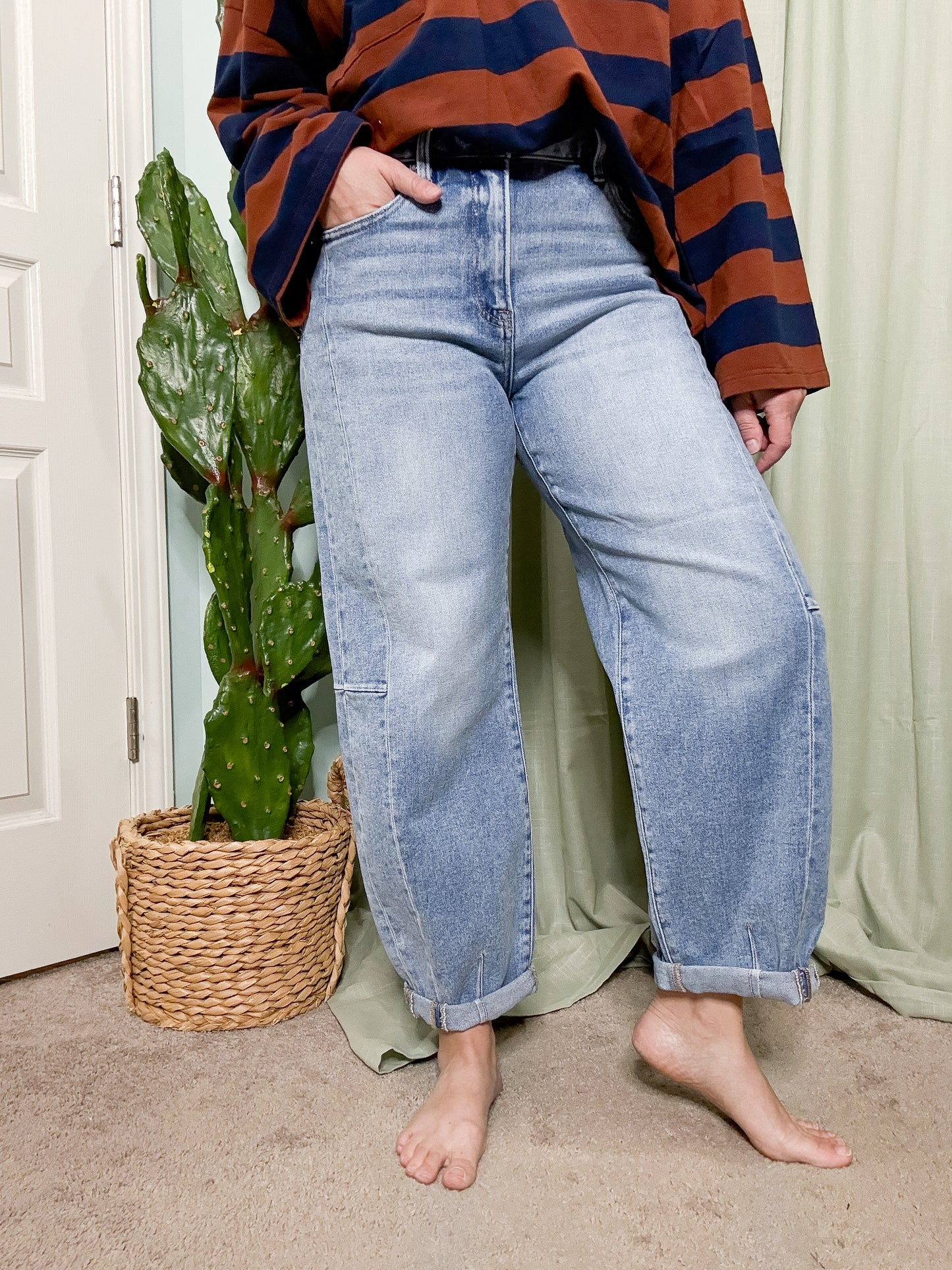 RISEN Denim Mid Rise Light Wash Barrel Jeans
