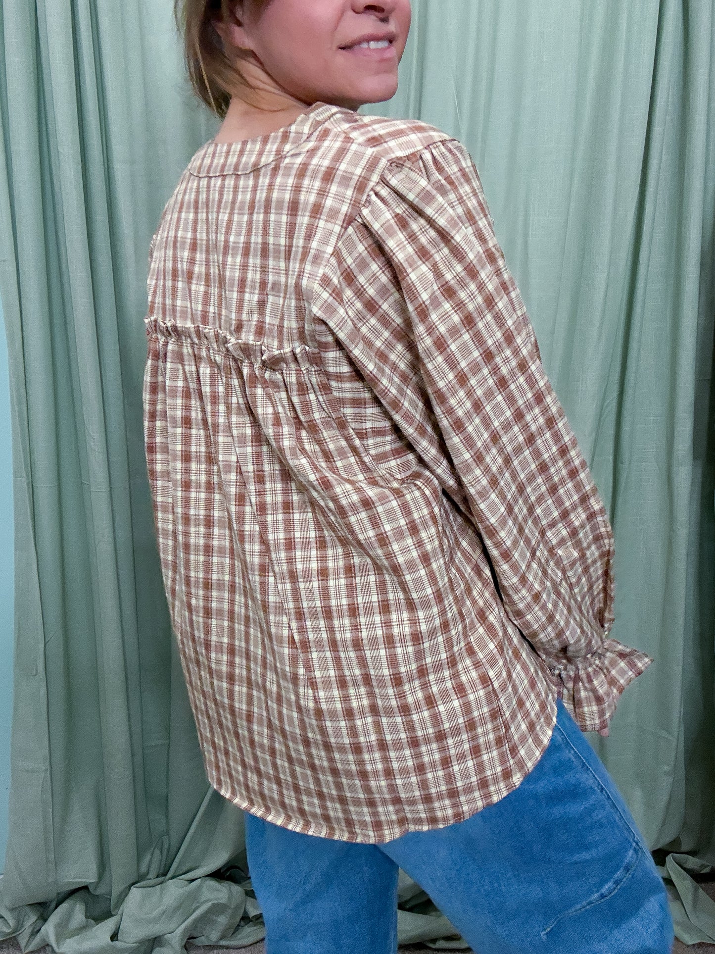 Gather Notched Neck Plaid Check Woven Blouse