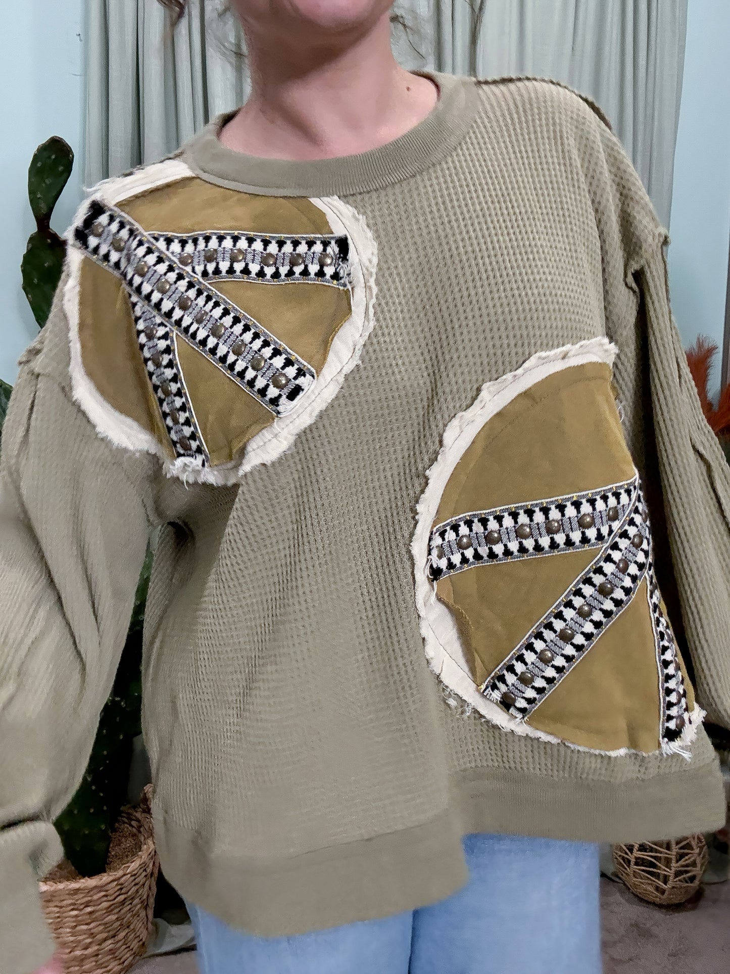Peace Out Oversized Patchwork Long Sleeve Thermal Top