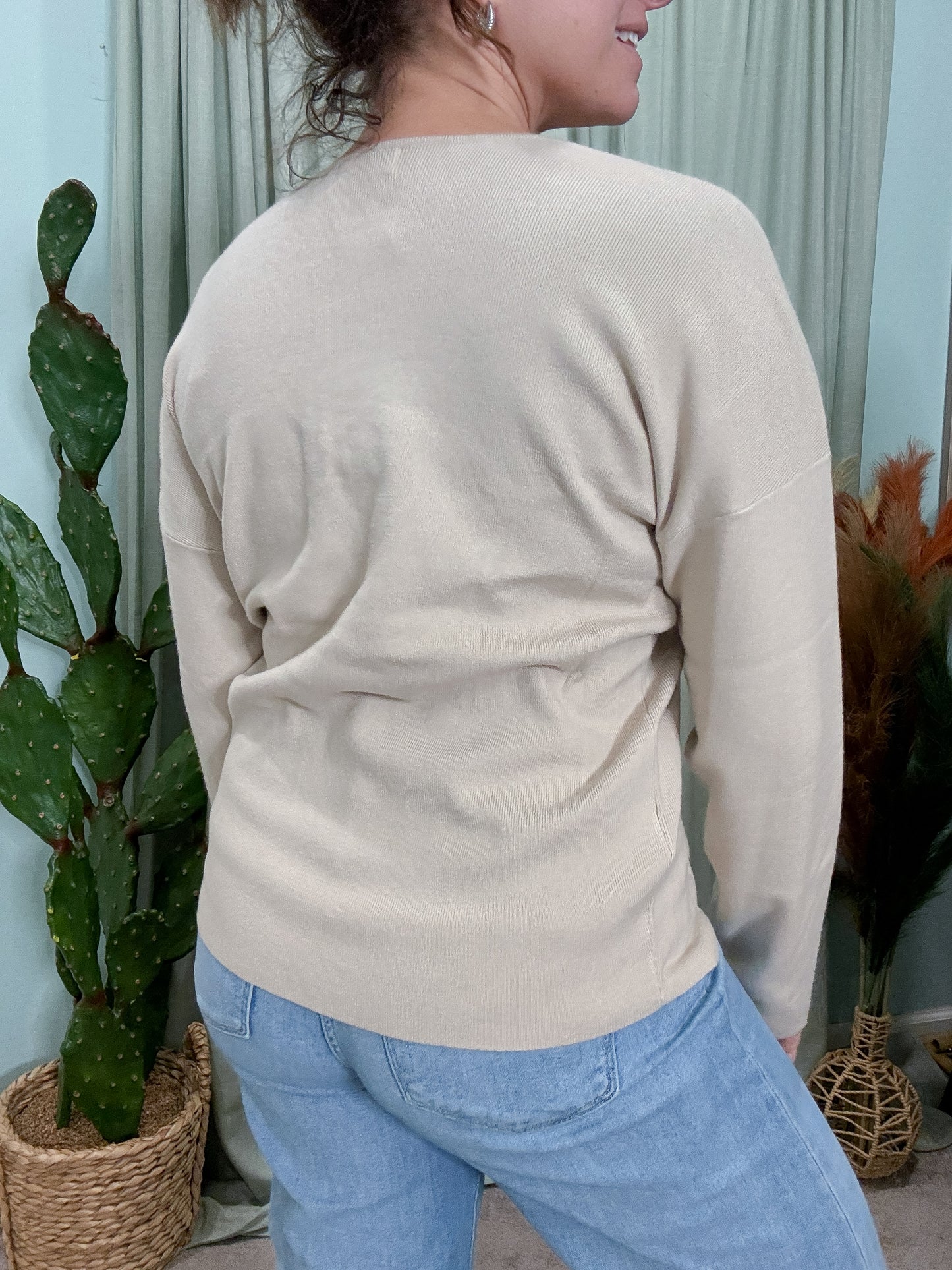 Oat Milk V Neck Front Seam Sweater