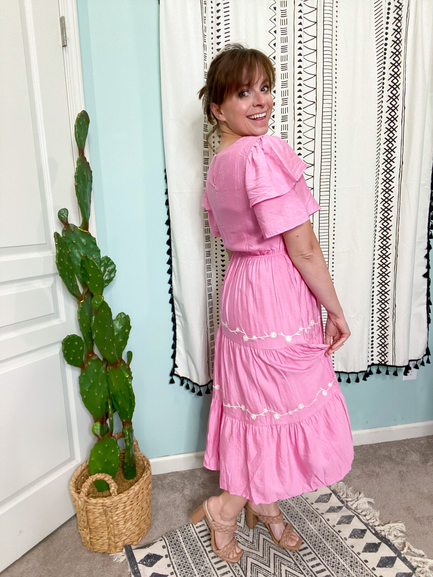 Summer Love Embroidered Ruffle Sleeve Pink Tiered Dress