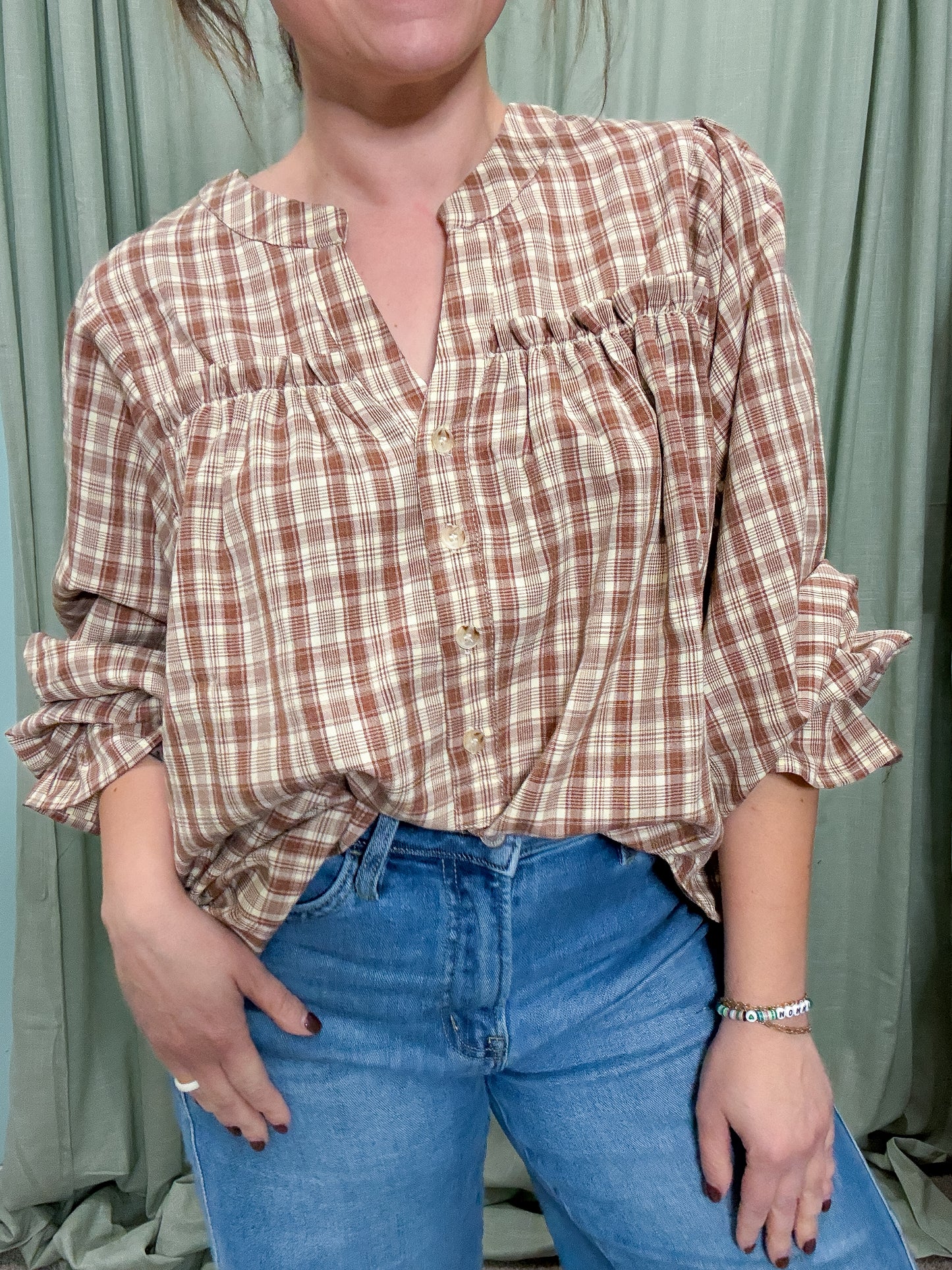 Gather Notched Neck Plaid Check Woven Blouse