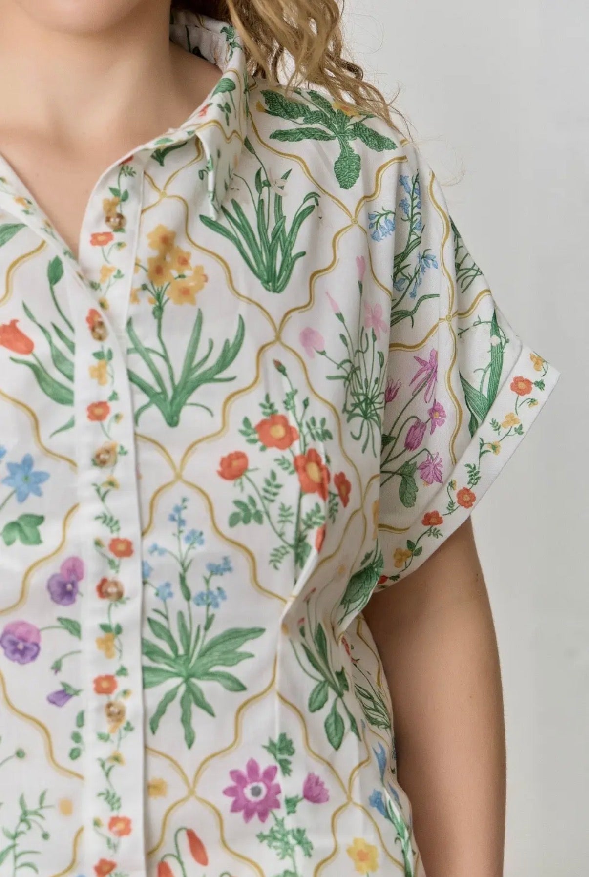 Fields of Flowers Button Up Cinched Waist Pleated Top