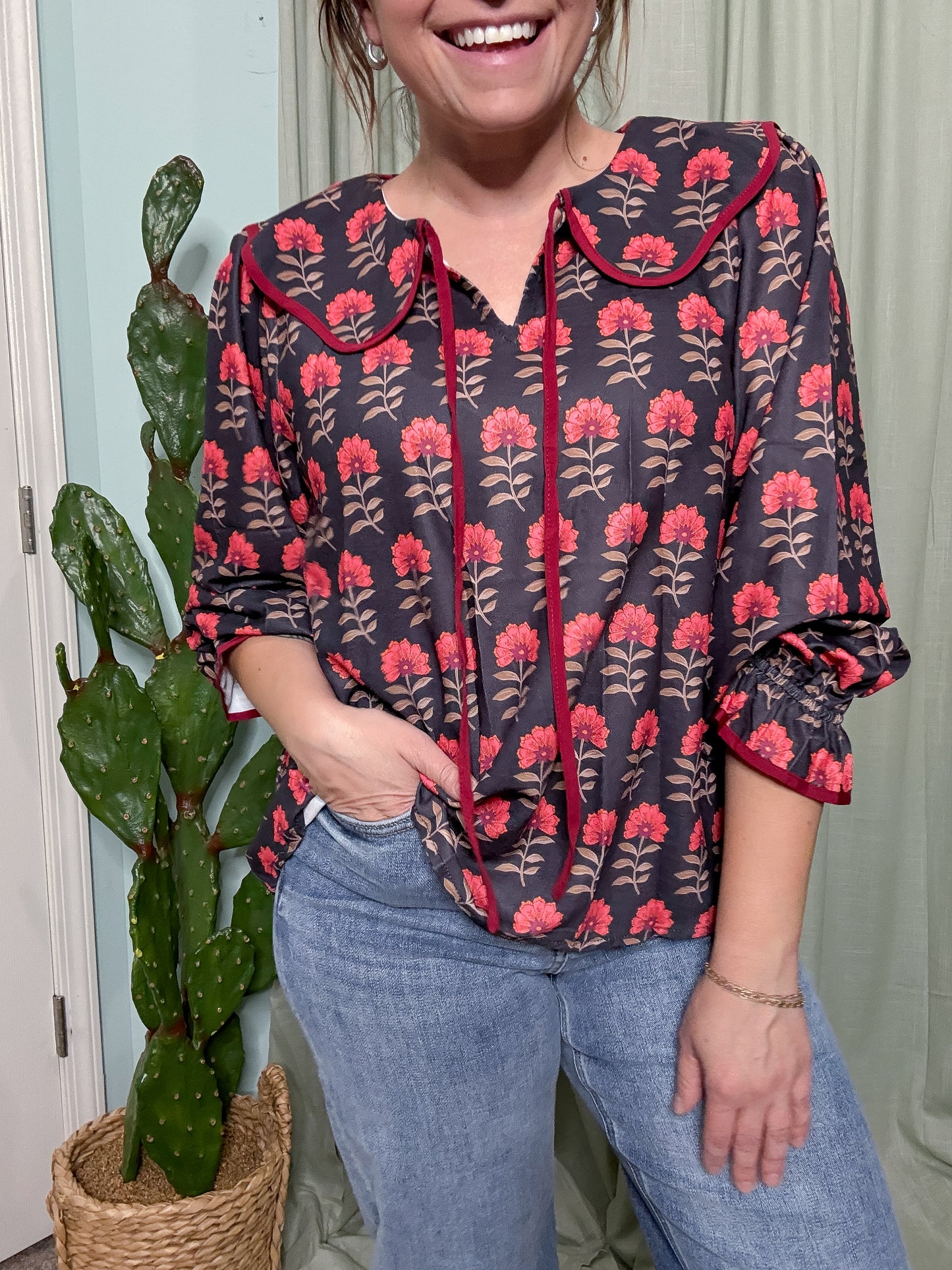 Retro Blooms Tie Collar Long Sleeve Blouse