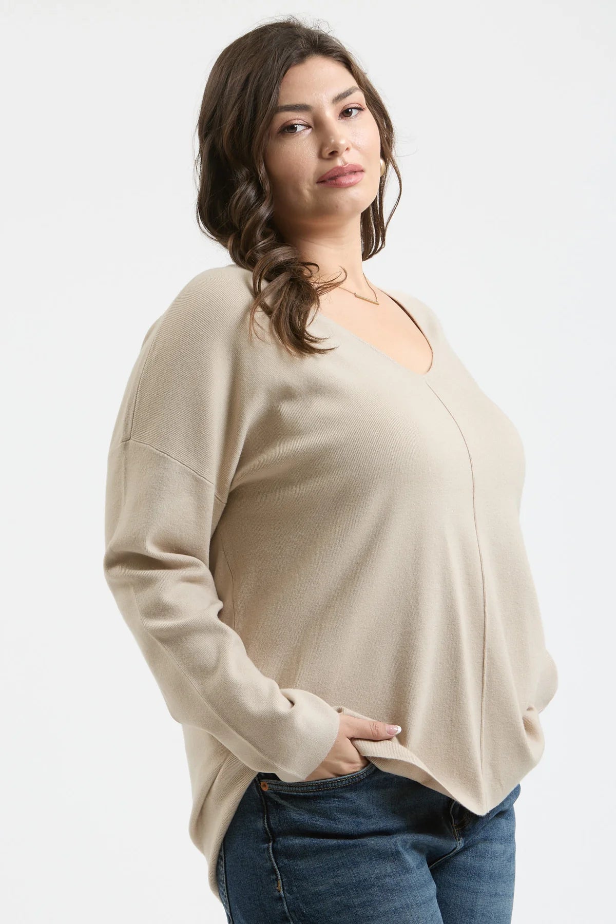 Oat Milk V Neck Front Seam Sweater