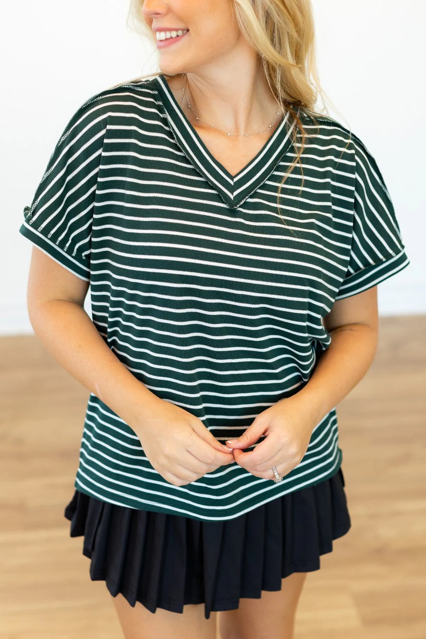 Lucy Stripe V Neck Tee in Green