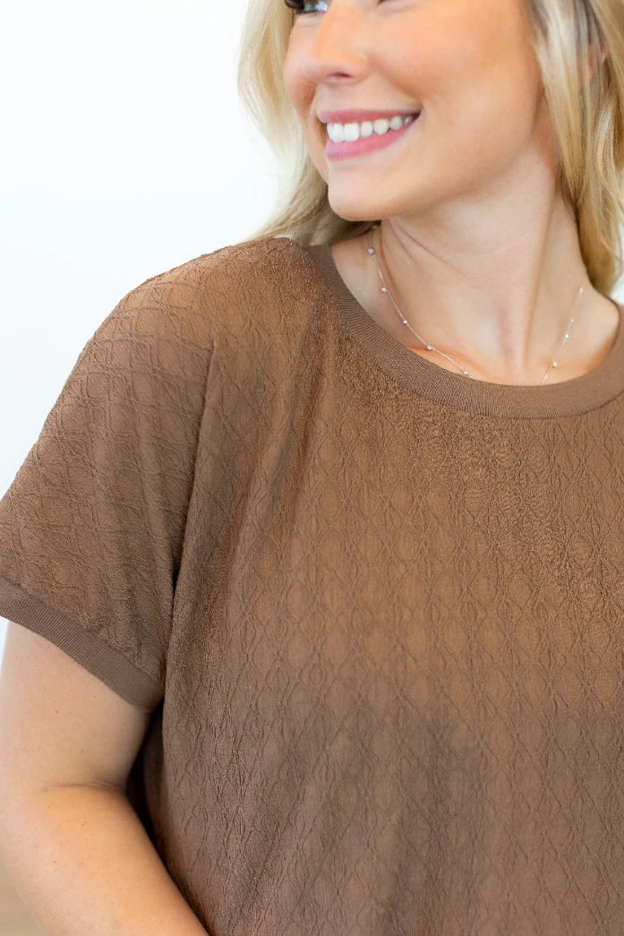 Shaken Espresso Textured Fabric Crew Neck Top in Brown