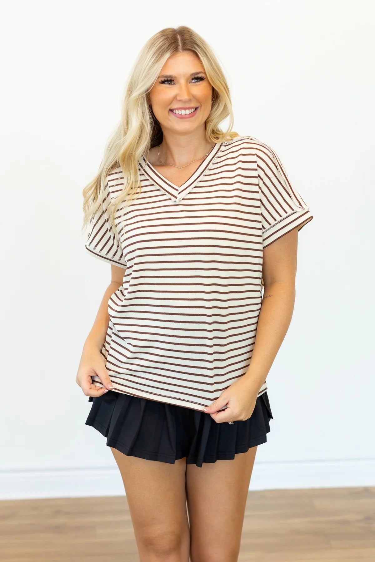 Lucy Stripe V Neck Tee in Brown