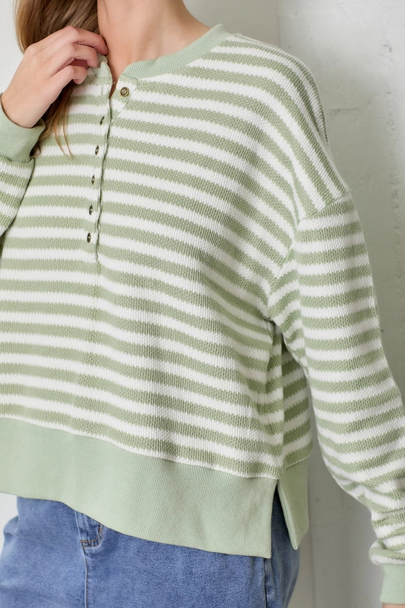 Soft Shades Green Striped Cotton Blend Henley Long Sleeve Top
