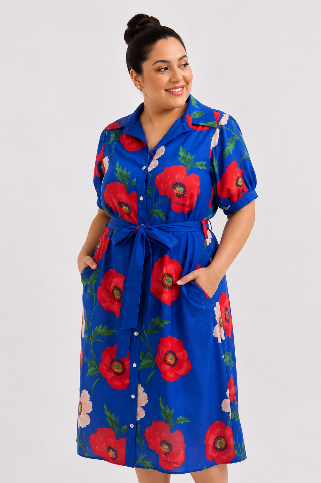 Poppy Fields Tie Waist Midi Shirt Dress