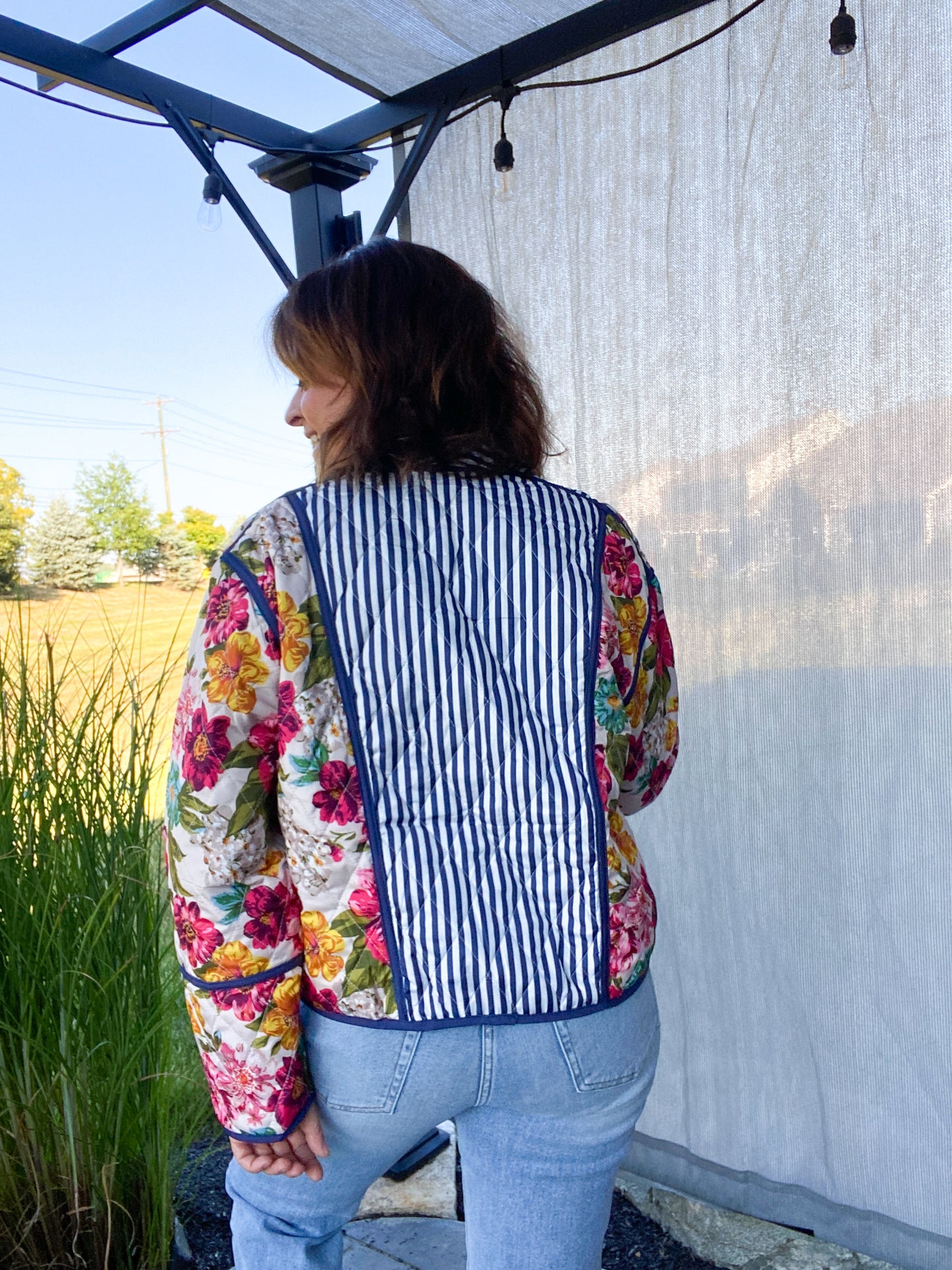 Mae Floral & Stripe Quilted Open Jacket