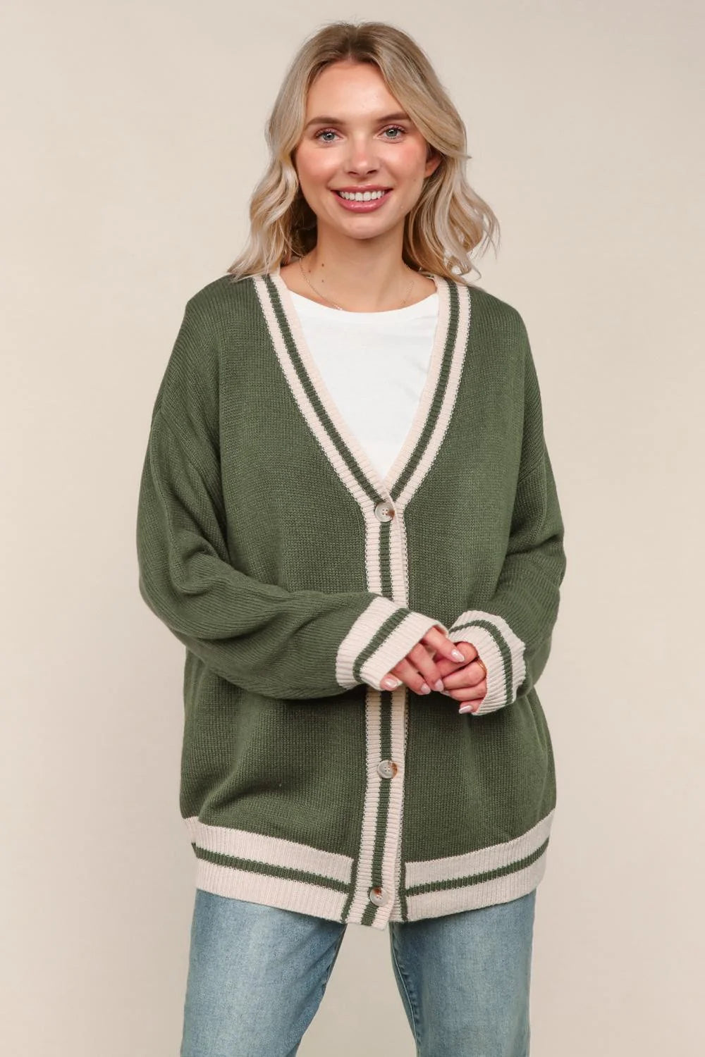 Seattle Olive Button Down Relaxed Boyfriend Cardigan