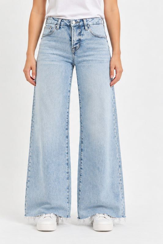 Risen Denim Summer 90s Midrise Wideleg Jean with Fray Hem