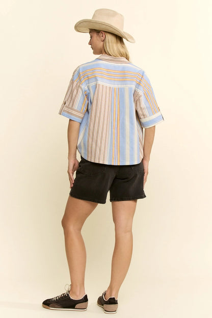 Jack 100% Cotton Embroidered Stripe Boxy Stripe Button up