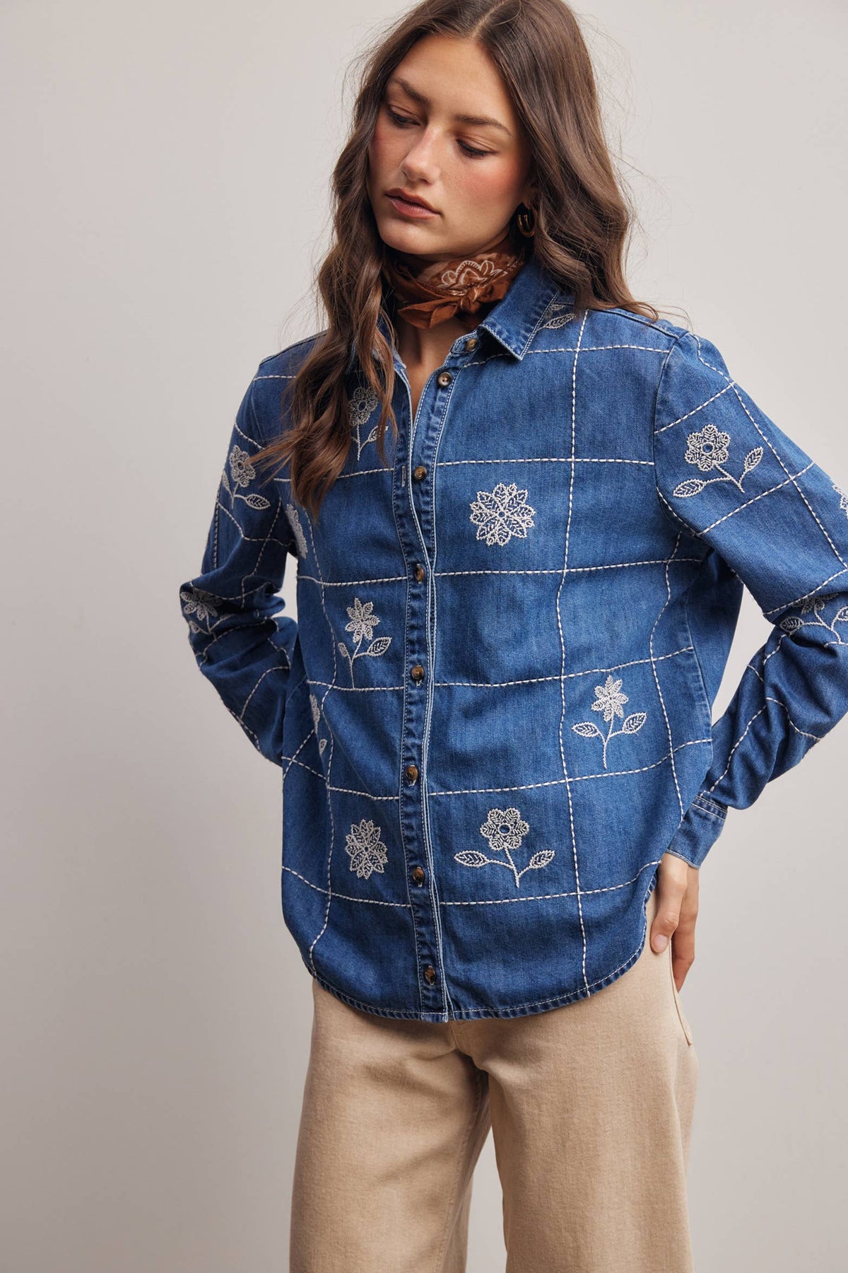 Wildflower 100% Cotton Stitched Denim Button Down