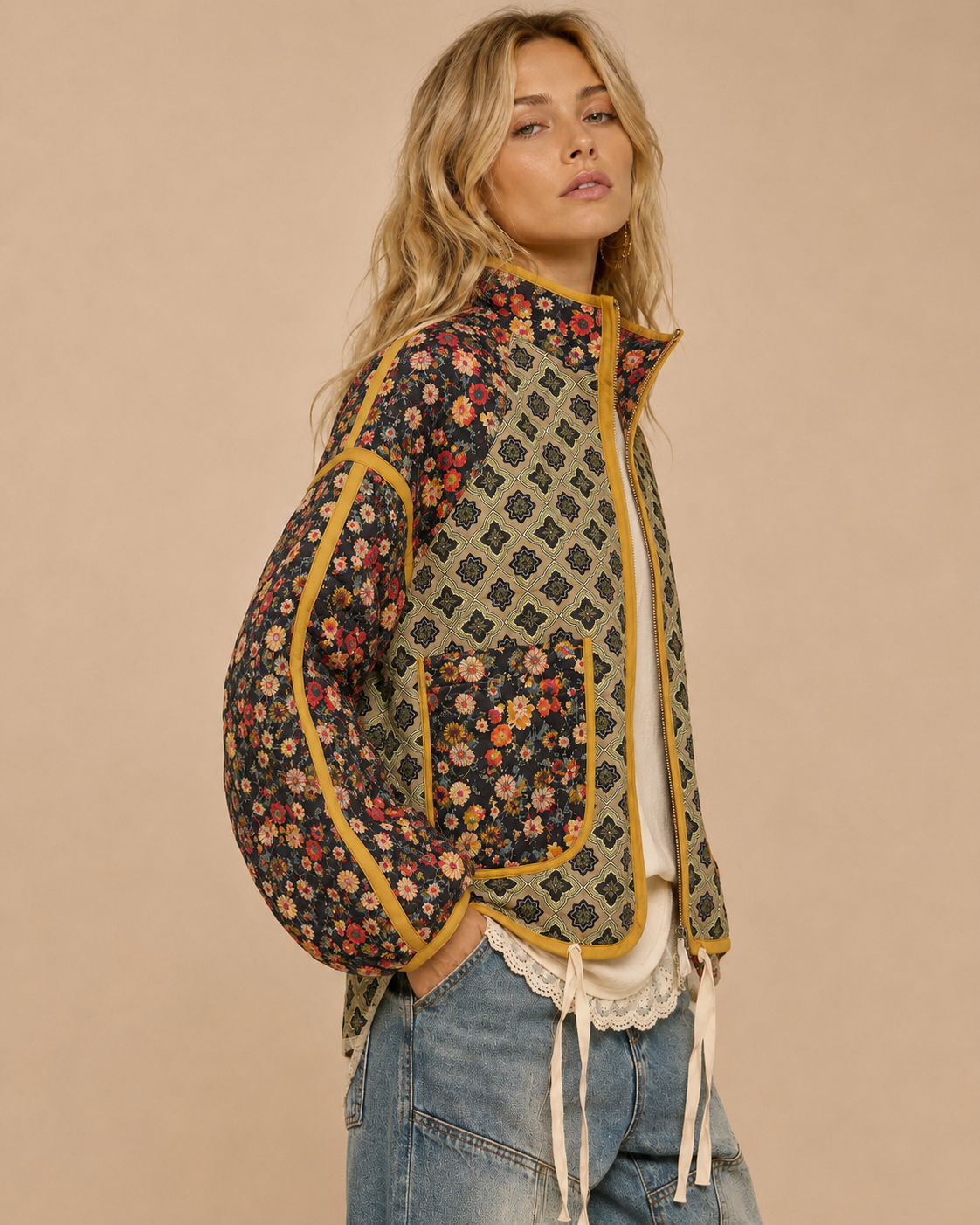 Dorne Patchwork Cotton + Linen Blend Quilted Bomber Jacket