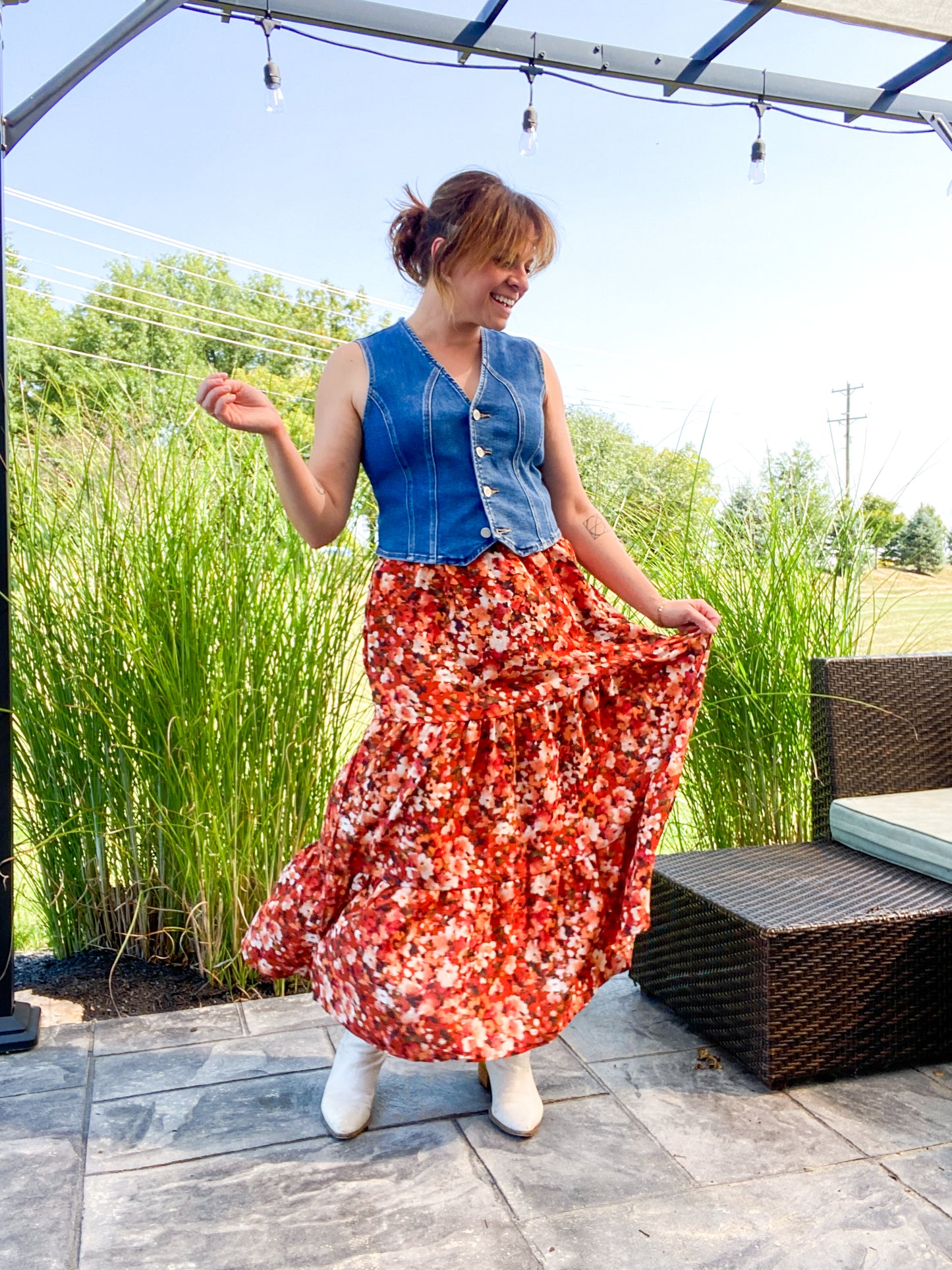 Mums the Word Rust Floral Tiered Midi Skirt