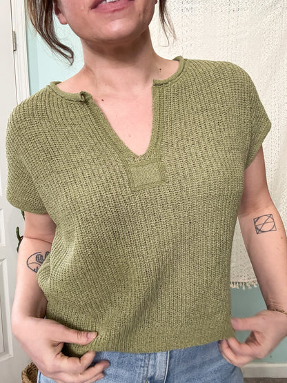 Green Goddess Olive Split Neck Short Sleeve Sweater