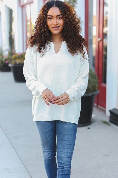 North Mountain Notched Neck Ivory Knit Sweater