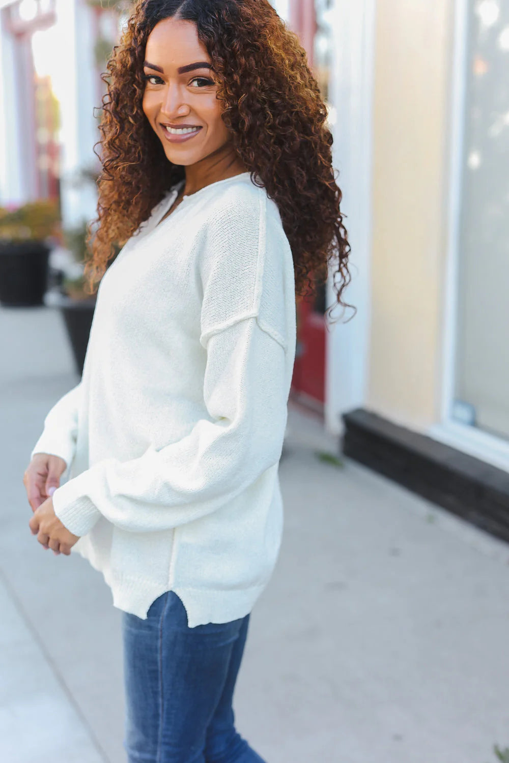 North Mountain Notched Neck Ivory Knit Sweater