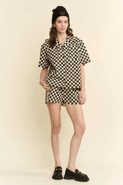 Final Lap 100% Cotton Checkerboard Camp Collar Button Up Shirt