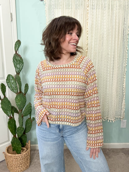 Come on Get Happy Loose Knit Multi Color Bell Sleeve Top