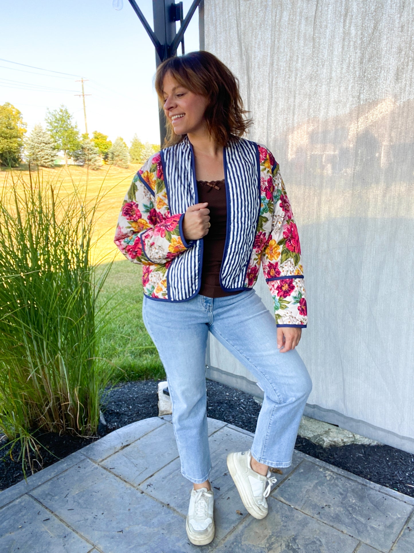 Mae Floral & Stripe Quilted Open Jacket