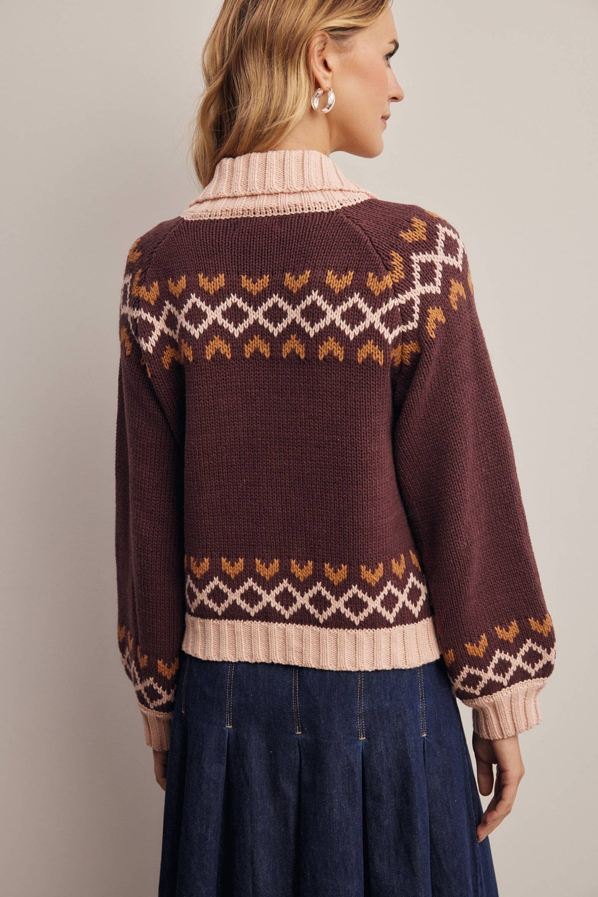 Fraulein Cotton Blend Floral Fair Isle Zip Cardigan Sweater