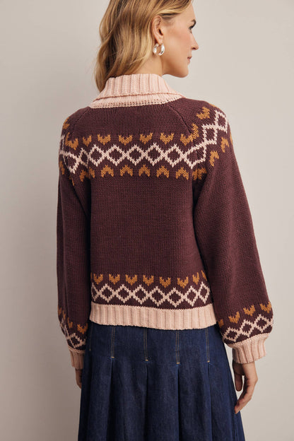 Fraulein Cotton Blend Floral Fair Isle Zip Cardigan Sweater