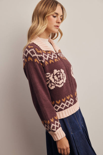 Fraulein Cotton Blend Floral Fair Isle Zip Cardigan Sweater